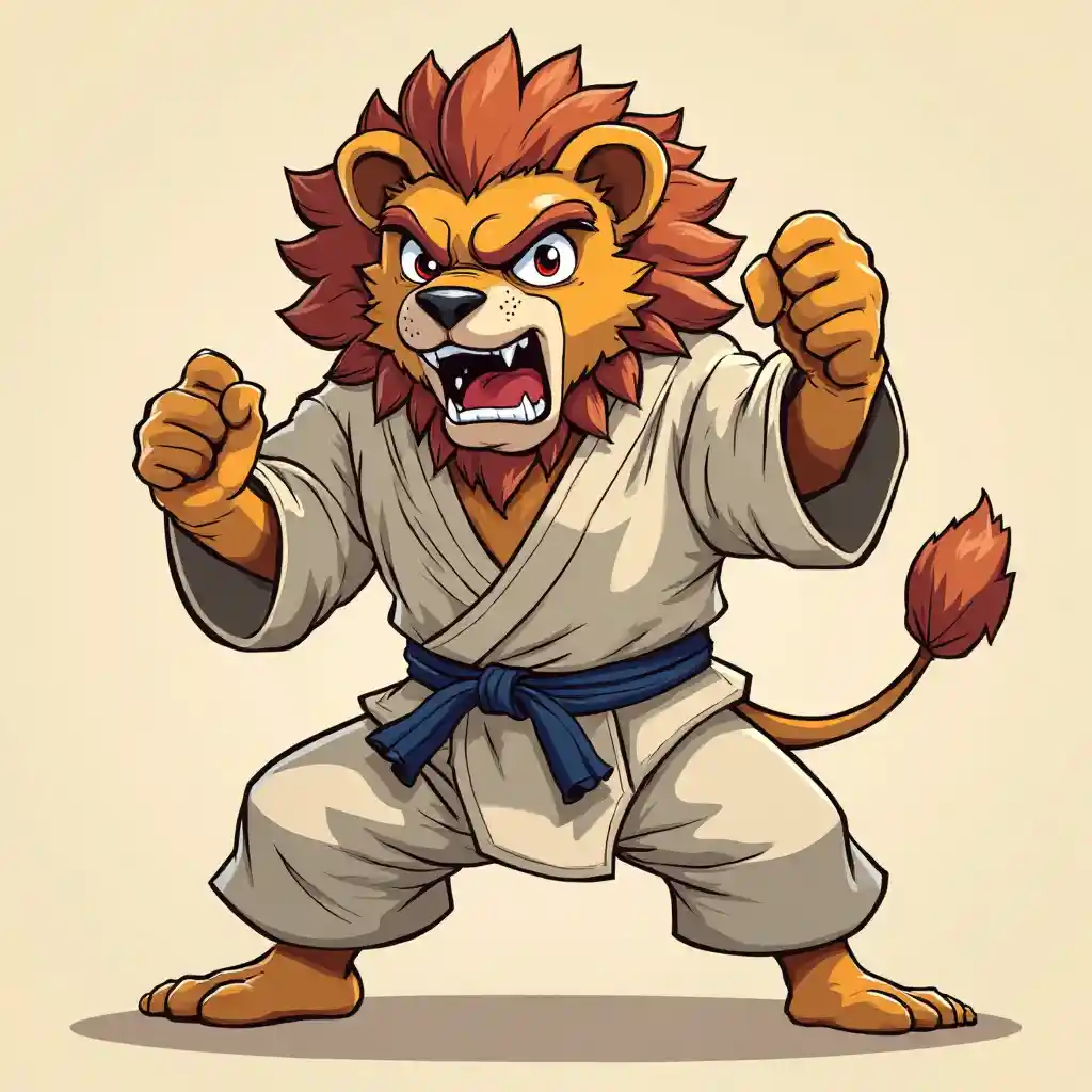 Un lion de dessin animé en colère en position de judo, image size:1024x1024