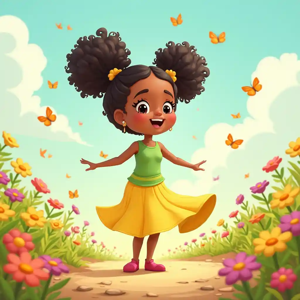 Gioia 2D ragazza di cartoni animati che balla nel giardino dei fiori, image size:1024x1024