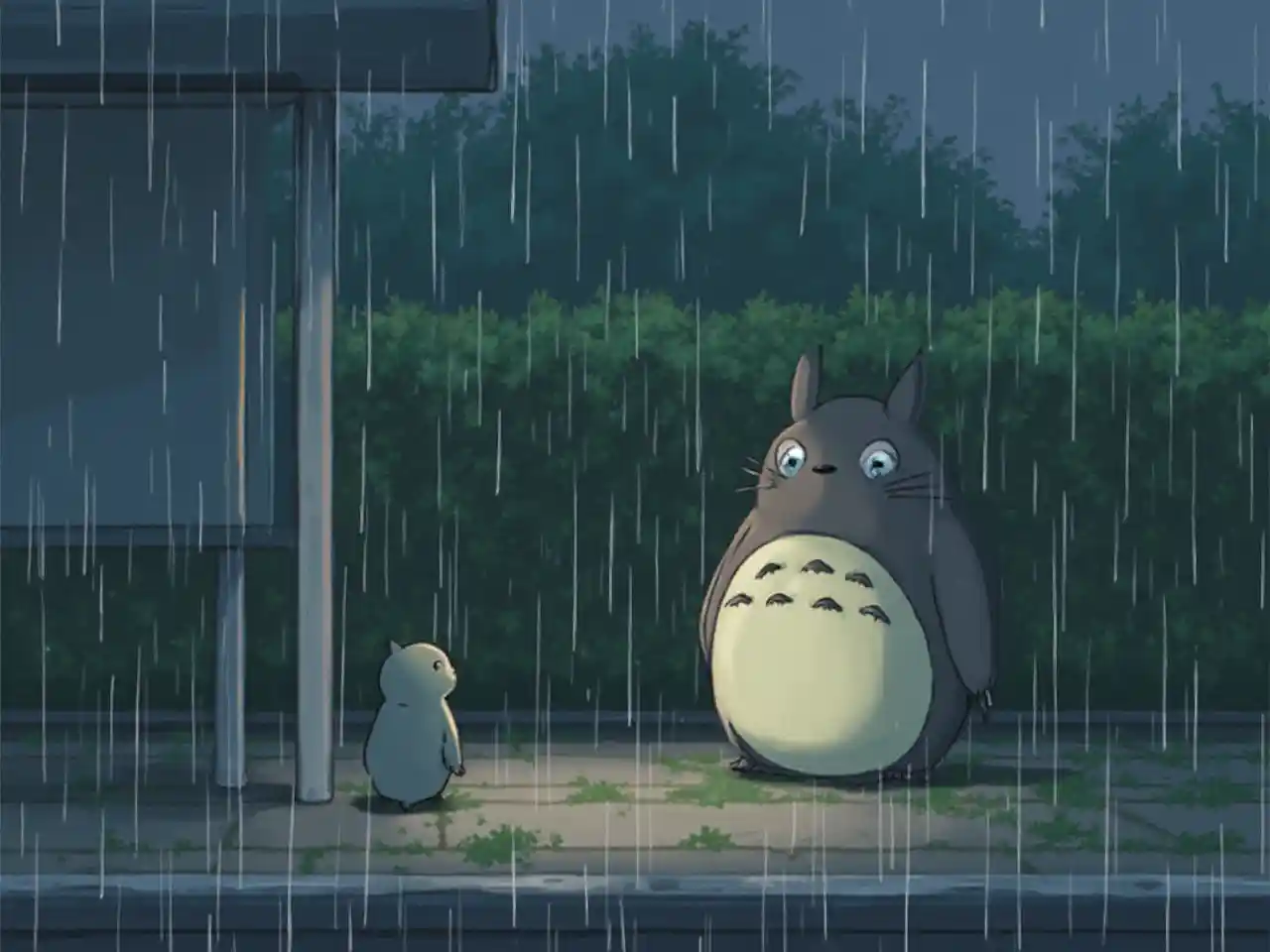 Una impresionante escena de Totoro en la parada de autobús bajo la lluvia, image size:1280x960