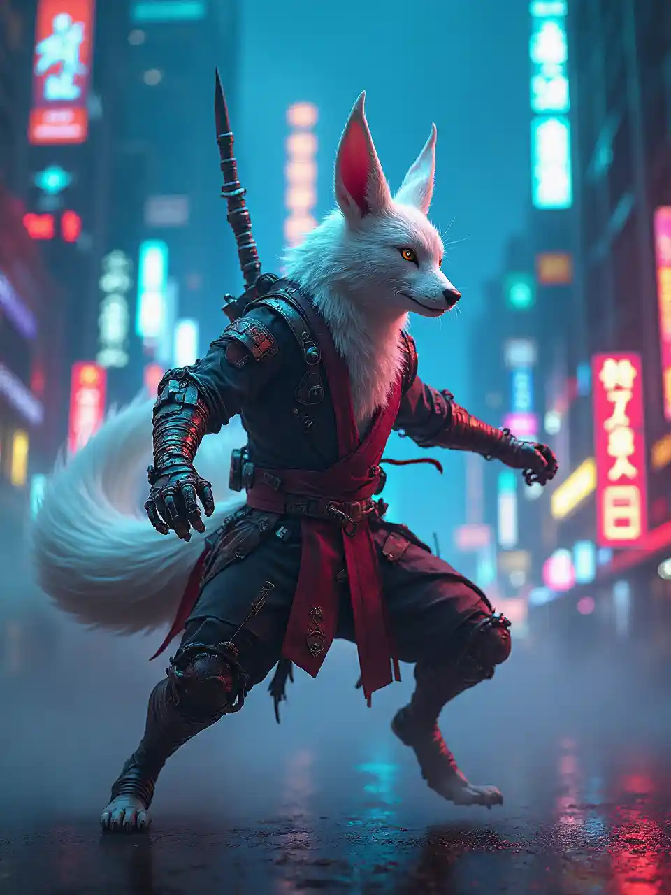 أناقة Cyberpunk Kitsune الشرسة في العمل