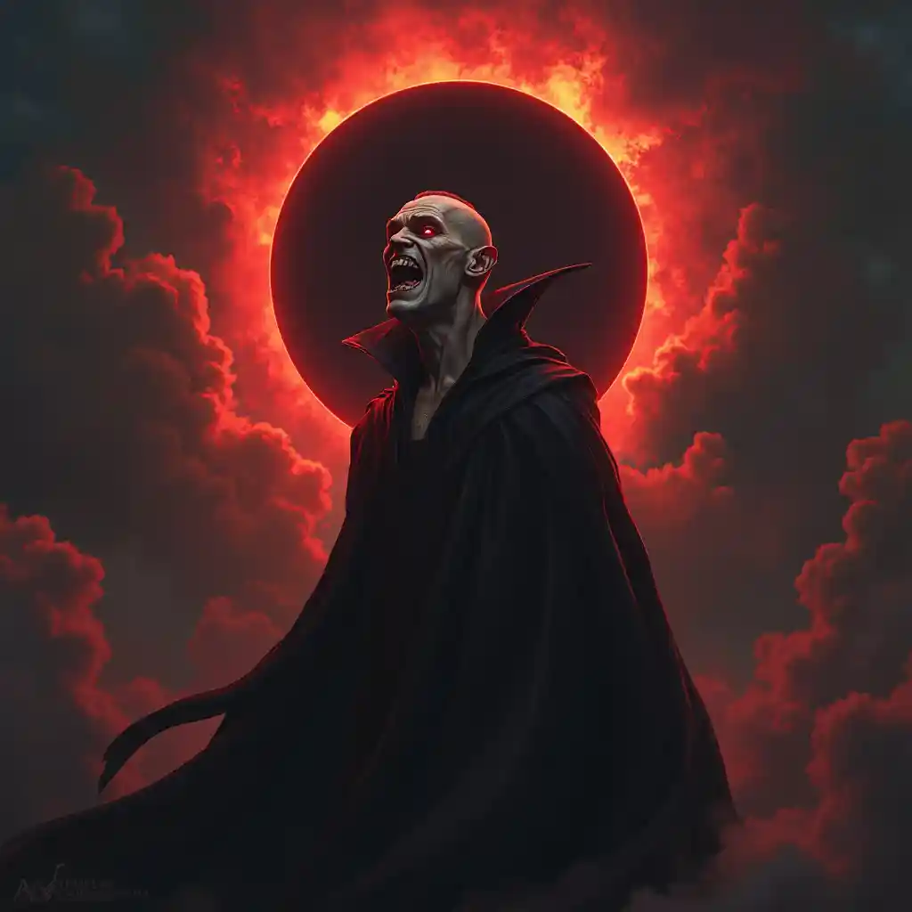 Truslende vampyr under en solformørkelse i digital maleri, image size:1024x1024