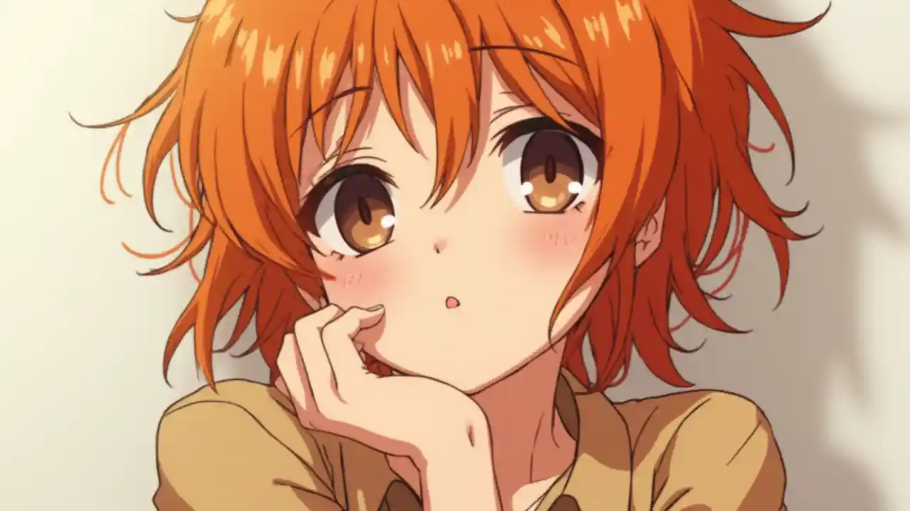 无聊的动漫女人，一头凌乱的橘色头发，一双黑眼睛, image size:1280x720