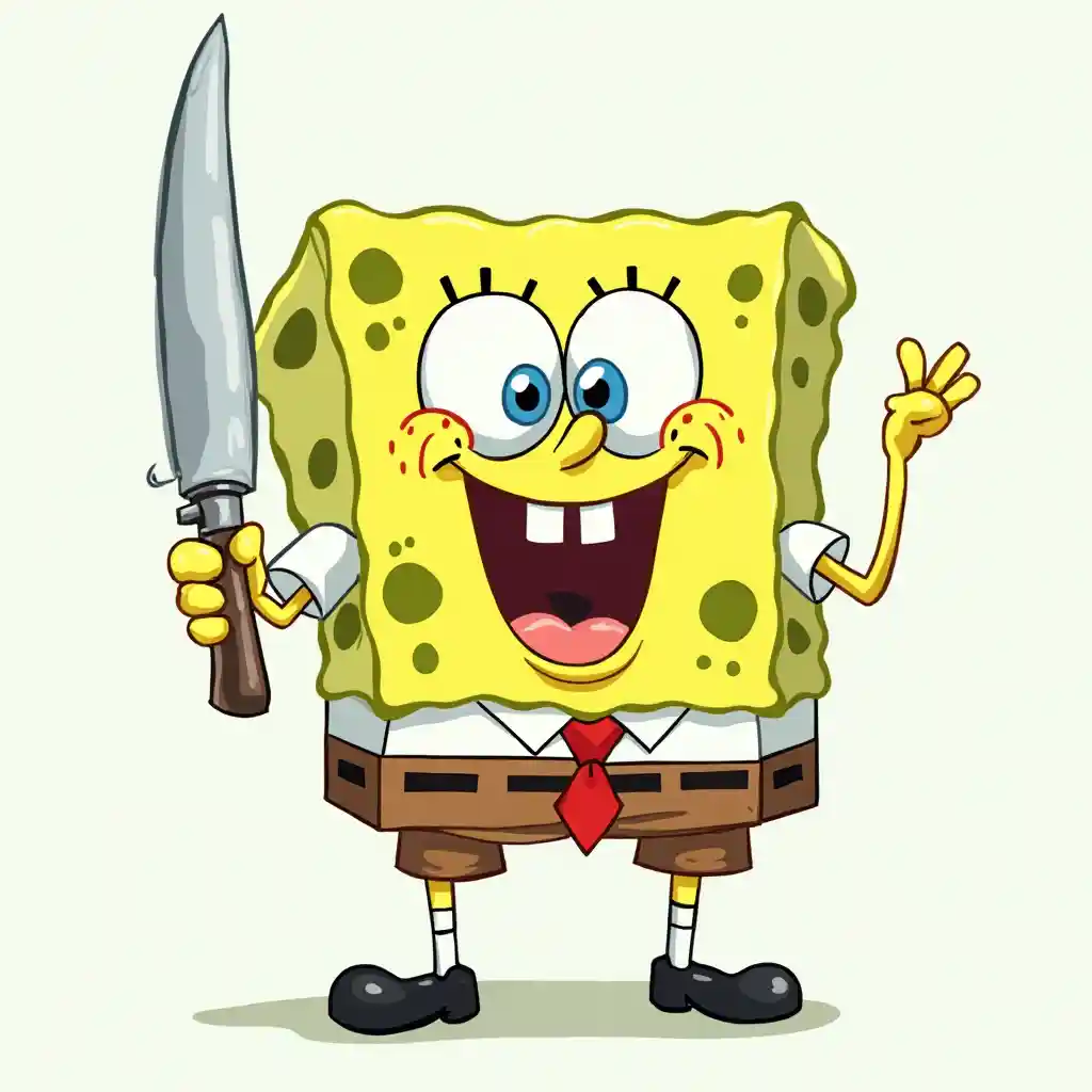 Spongebob Squarepants: Cartoon Illustration with a Large Knife
