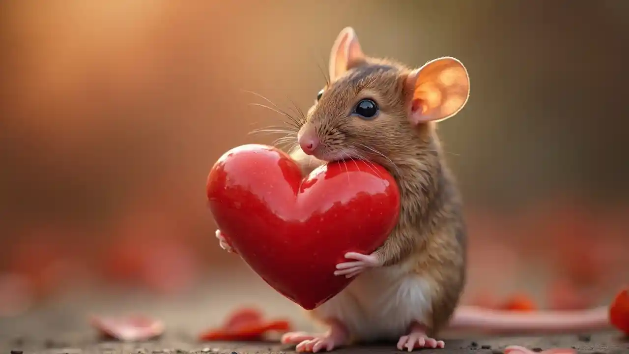 La mignonne petite souris attrape le grand cœur rouge, image size:1280x720