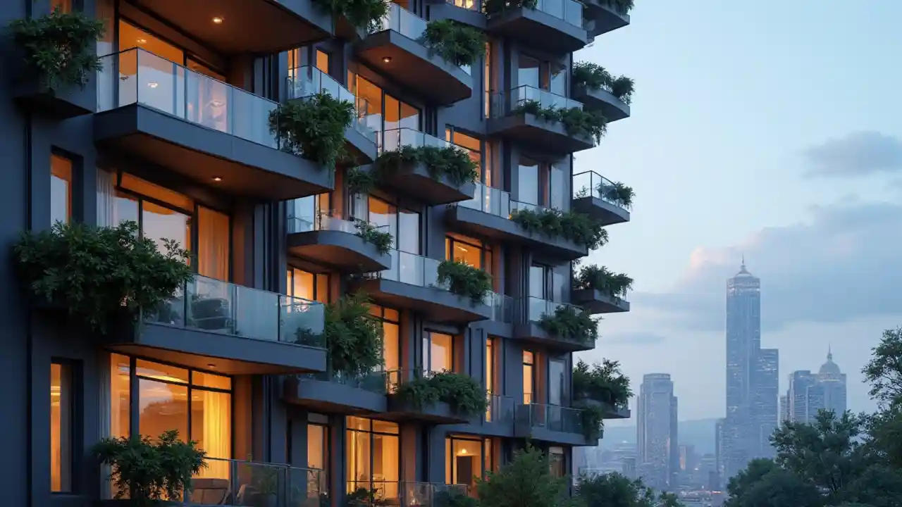 Image showcasing Illuminated High-Rise Luxury Building with Balcony Plants