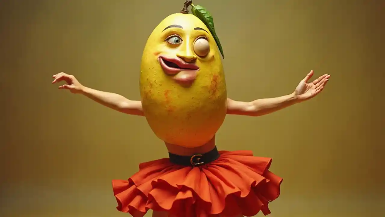 Dancing Mango Character with Makeup in Red Skirt