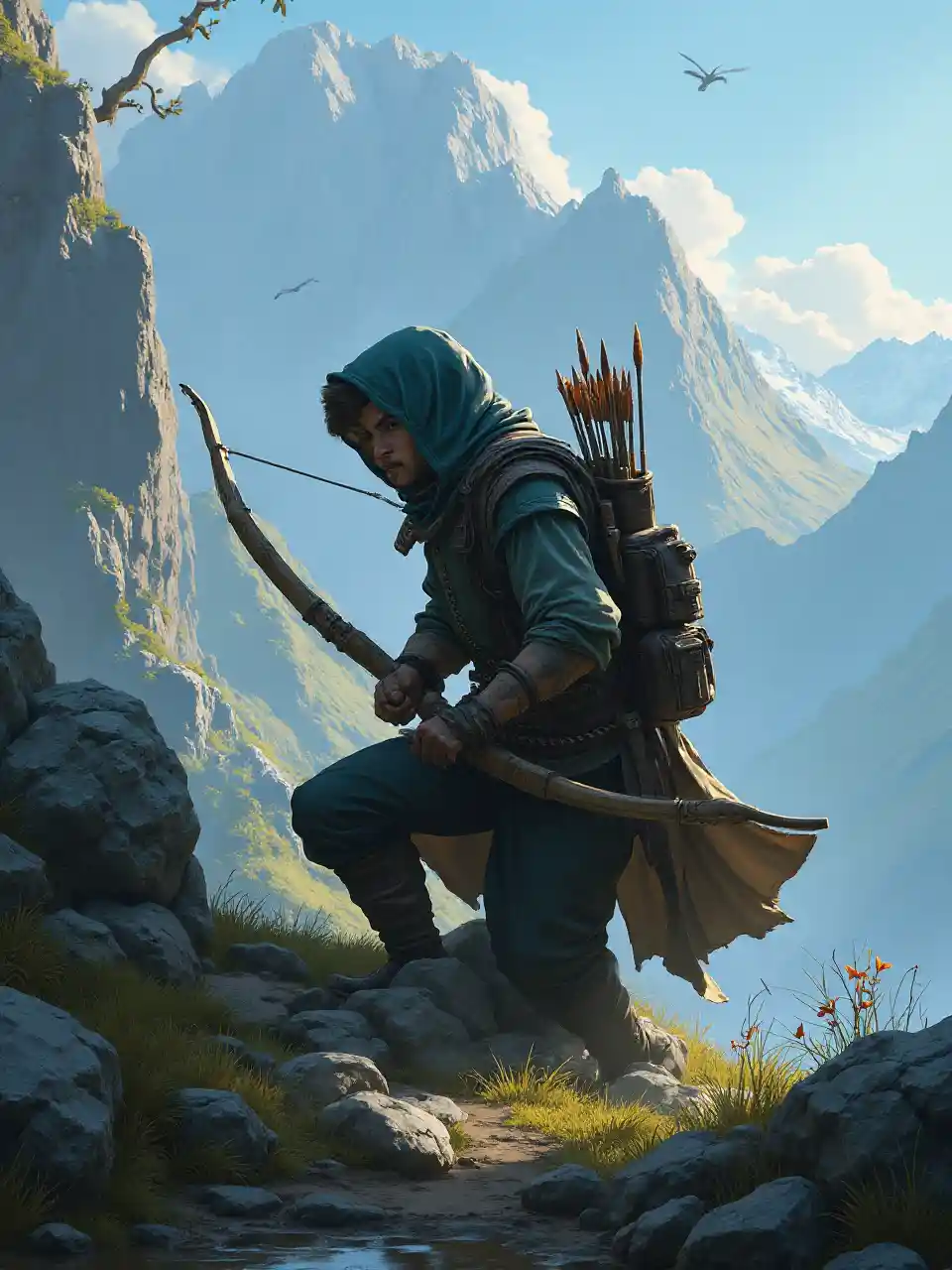 A Brave Fantasy Ranger Crouching in the Mountains