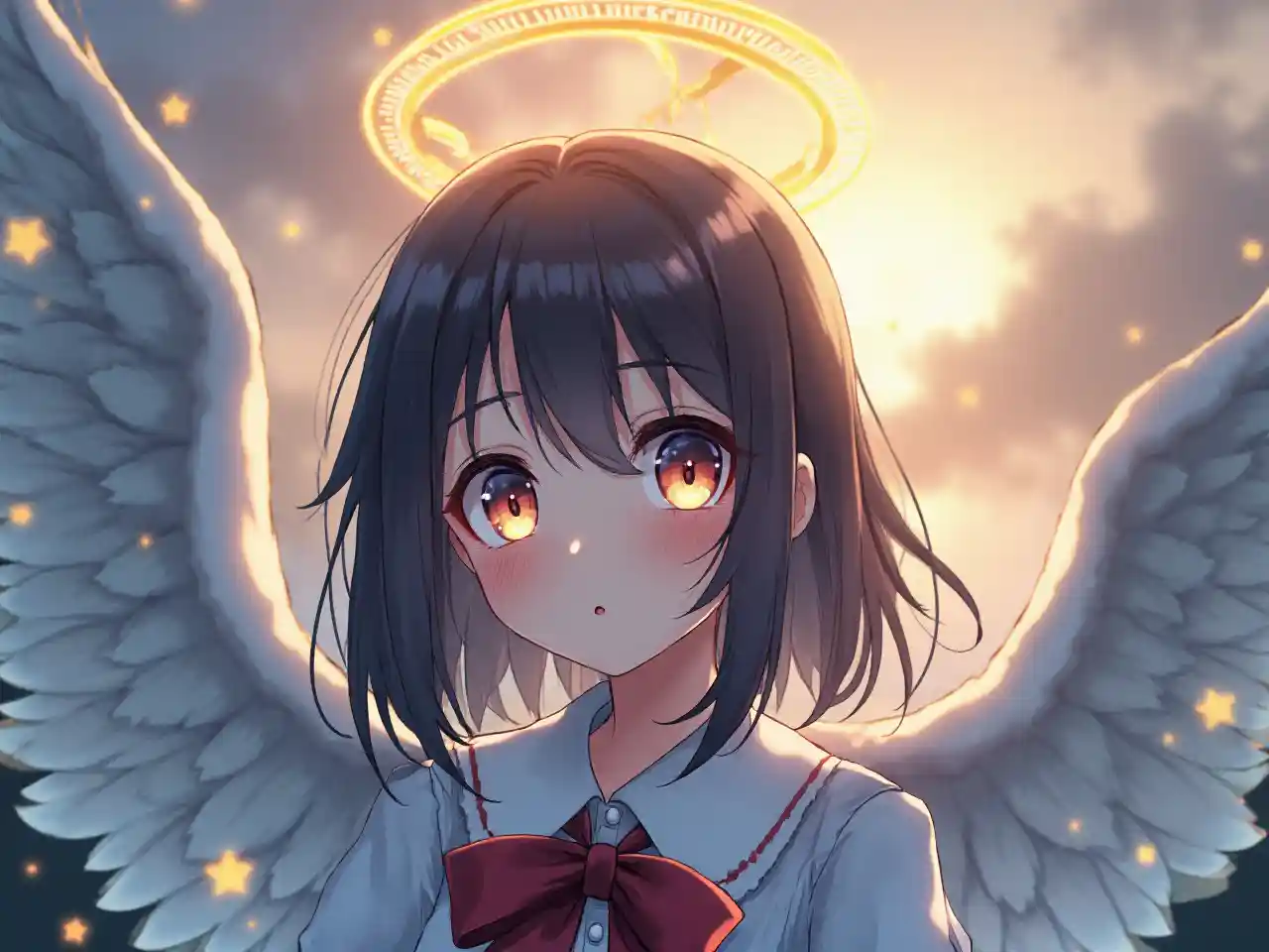 Anime Character Featuring Unique Pupils and Seraphim Wings