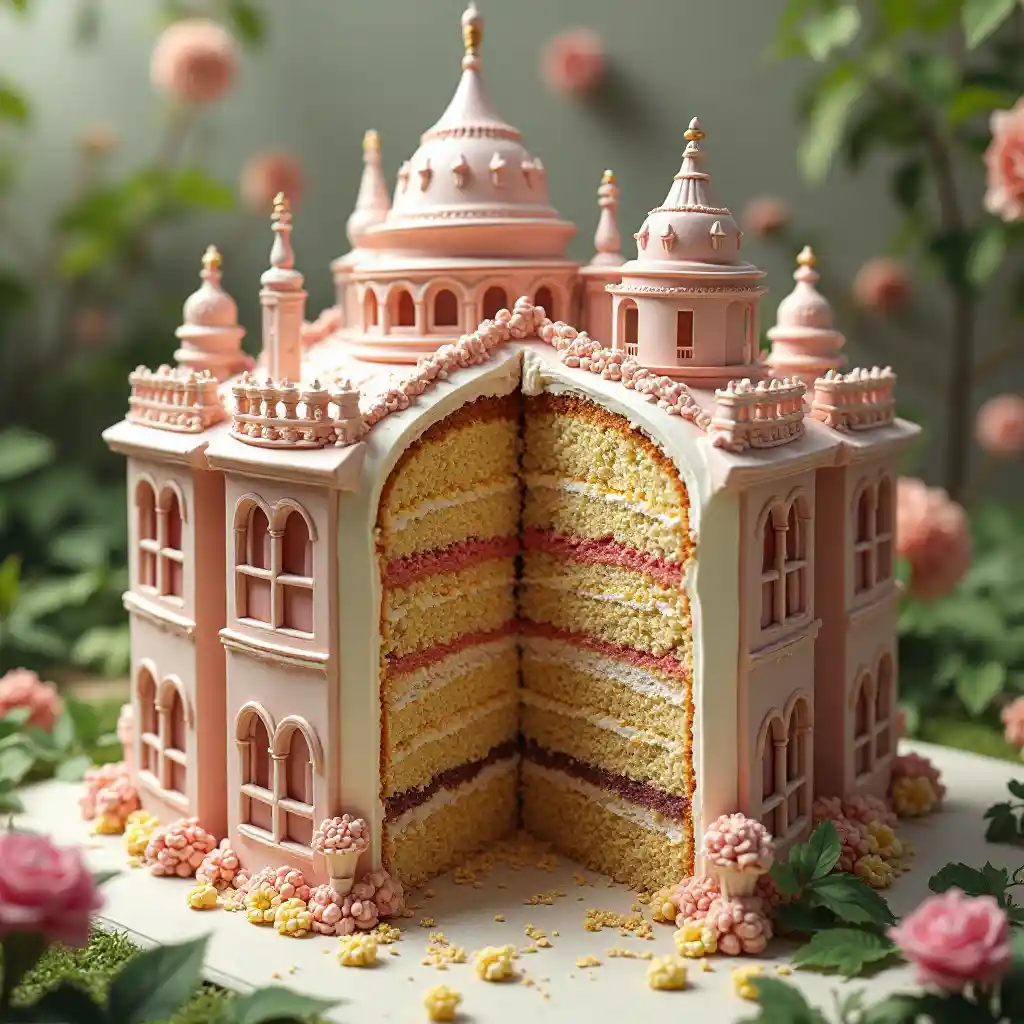 A Hyper-Realistic Cake Building Surrounded by a Lush Garden