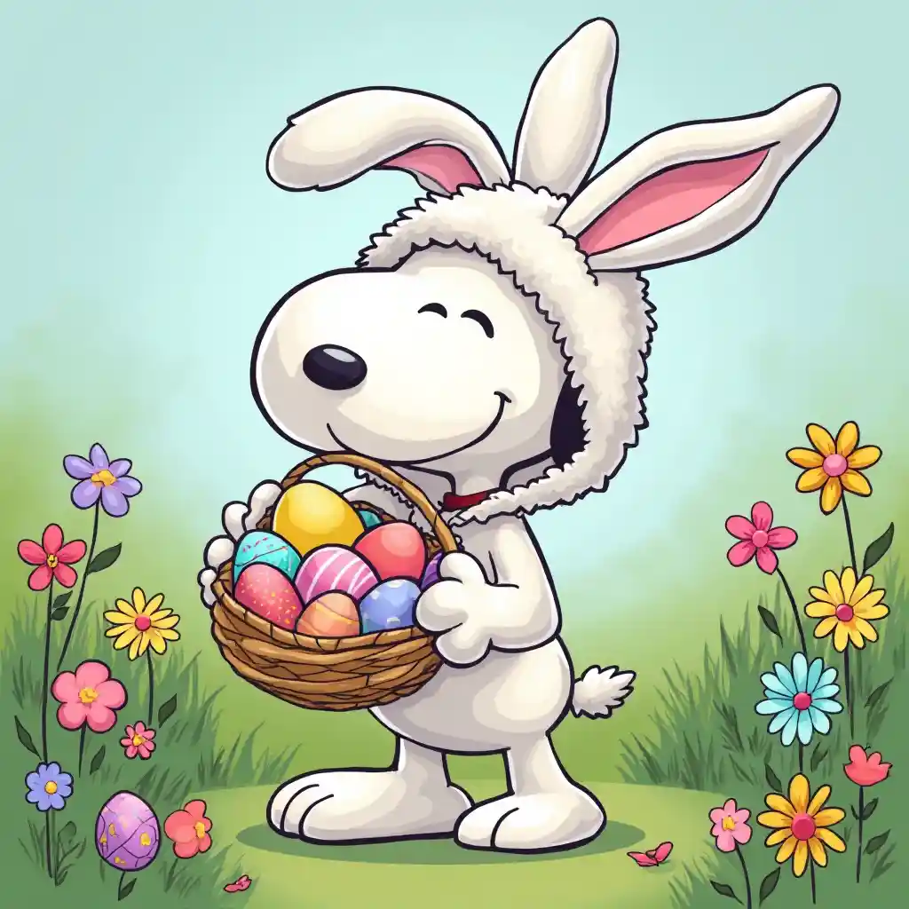 Snoopy the Easter Bunny in a Colorful Garden