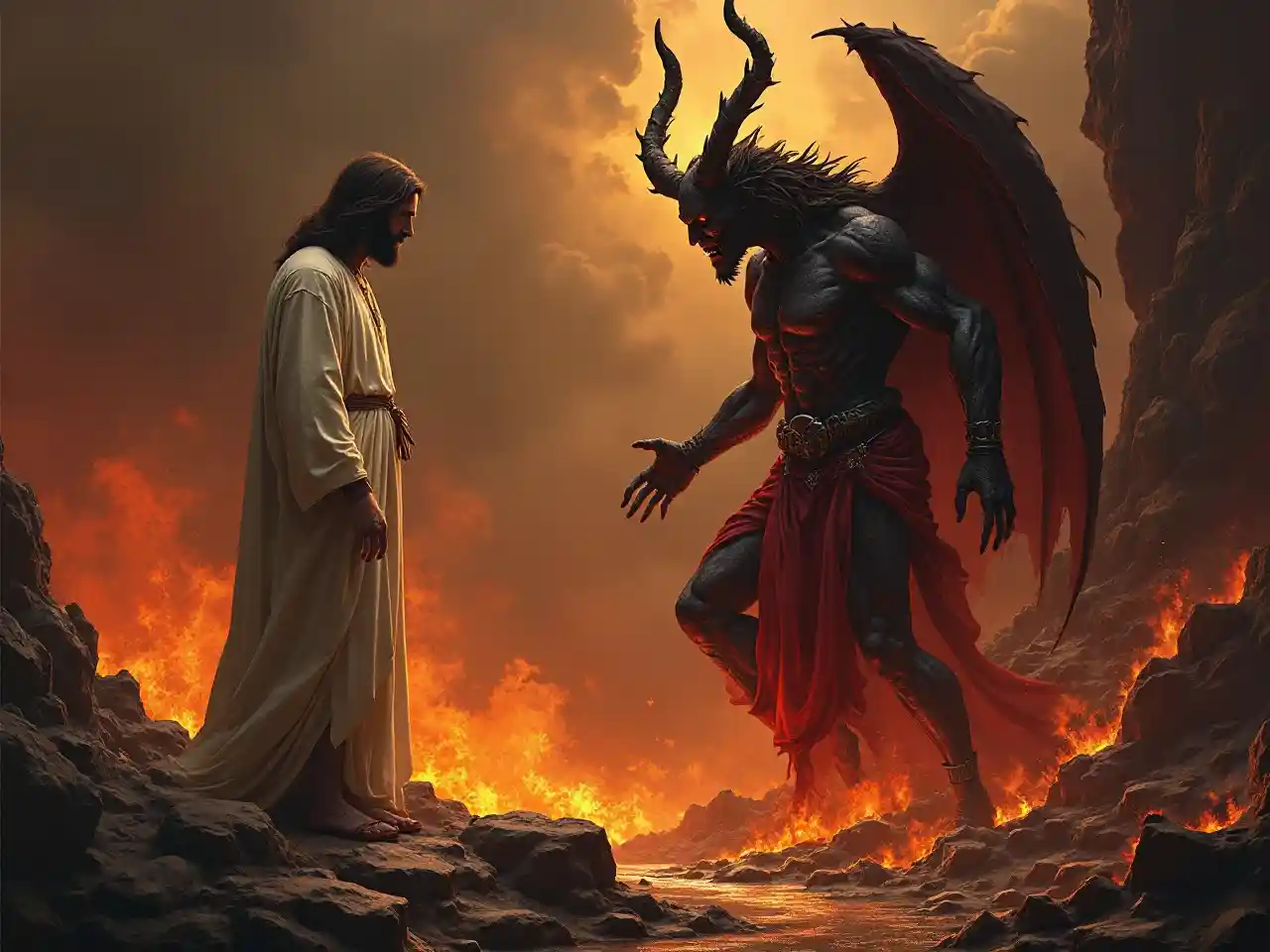 Jesus Confronts A Demonic Figure In Fiery Hellscape