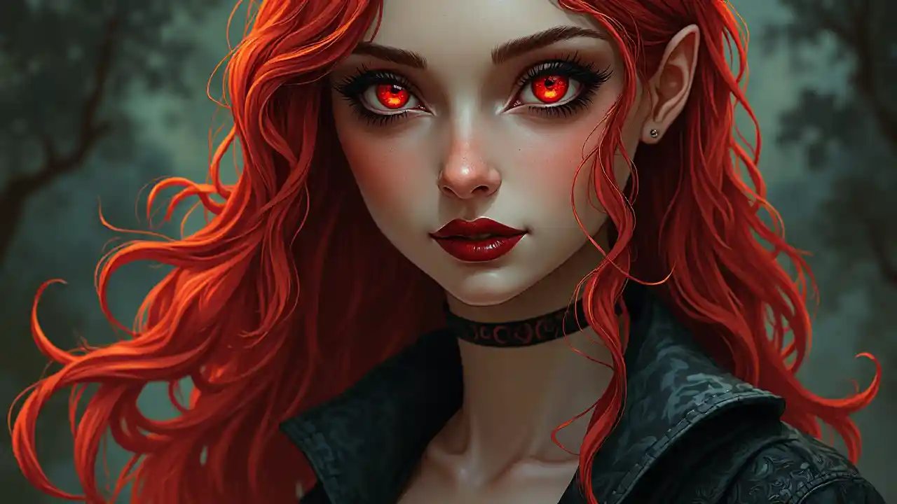 Gotisk illustrasjon av en kvinne med vampyrtrekk, image size:1280x720