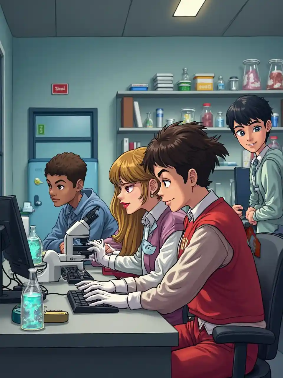 Four Power Rangers Conducting Experiments in a High-Tech Laboratory