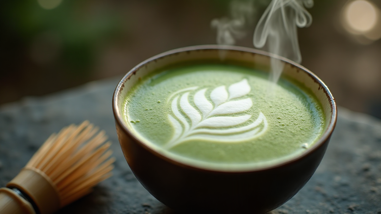 Delicate Matcha Latte Art in a Japanese Ceramic Bowl