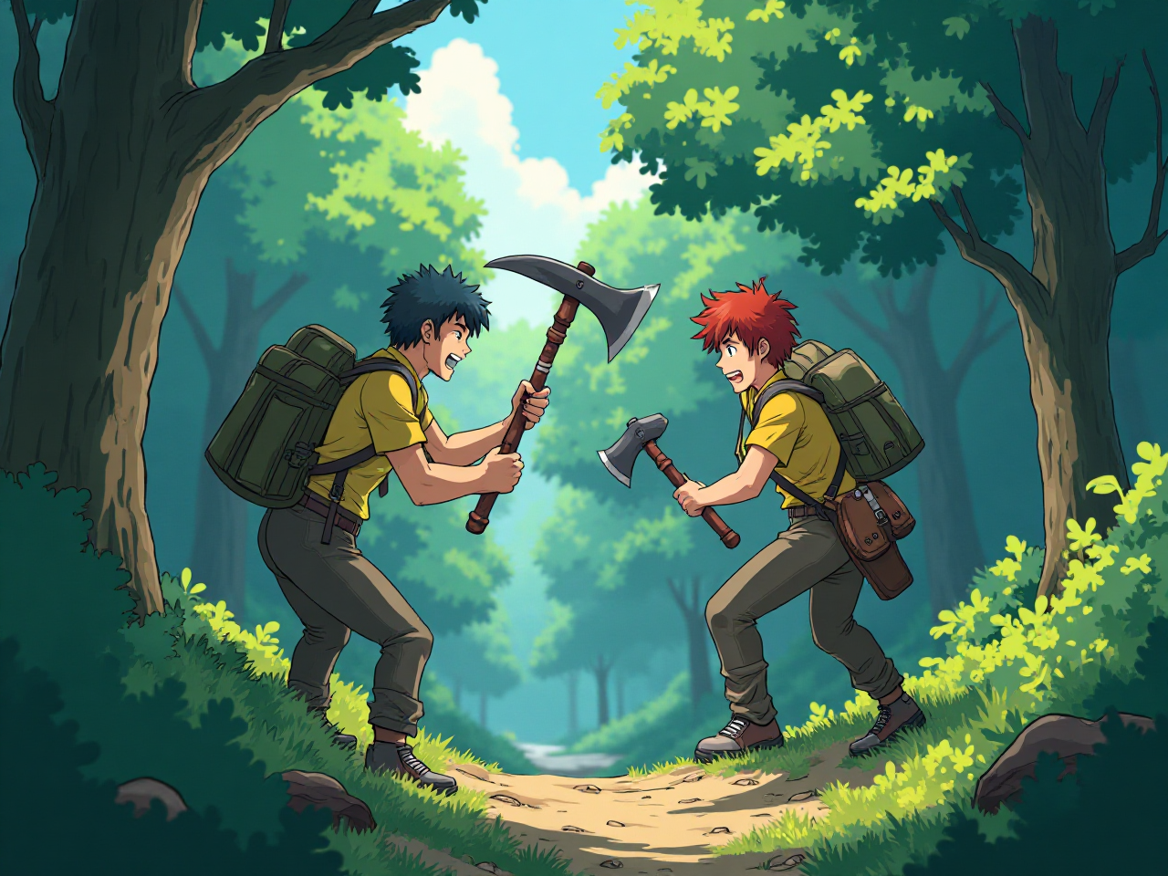 Anime Men Wielding Axes in a Ghibli Inspired Forest