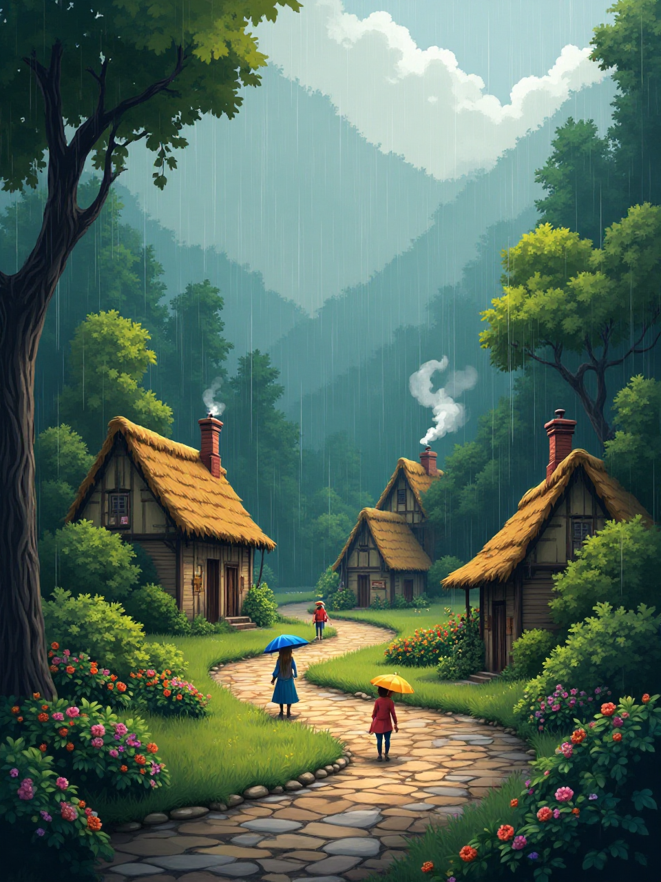 Rainy Village Scene