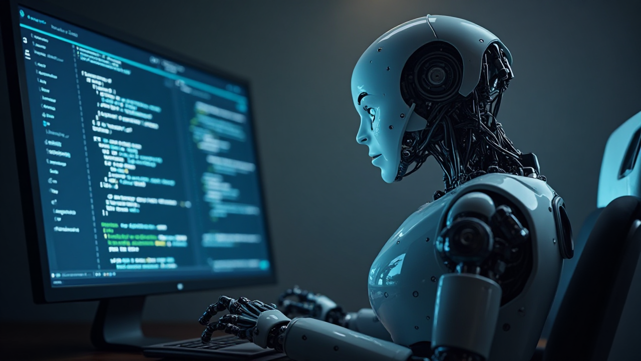 A Robot Working at a Computer Displays HTML Code